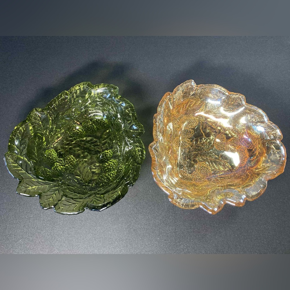 Carnival Indiana Glass Iridescent  Marigold/Green Candy Dishes Vintage Set Of 2